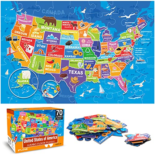 Jumbo Floor Puzzle for Kids,USA Map Puzzle Jigsaw Geography Puzzles,70 Piece US Map 50 States with Capitals,United States Puzzle for Ages...