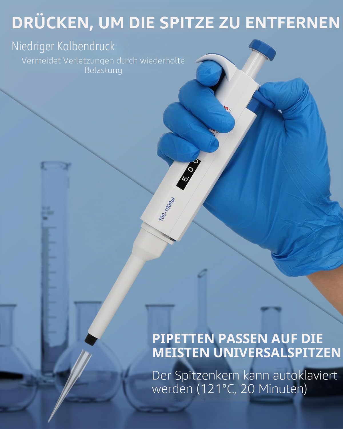 100-1000μl Pipetten 0,1-1mL Pipettor Micropipette Mikropipette Labor Einkanal Pipettierer Mikroliterpipetten Laborpietten ISO8655