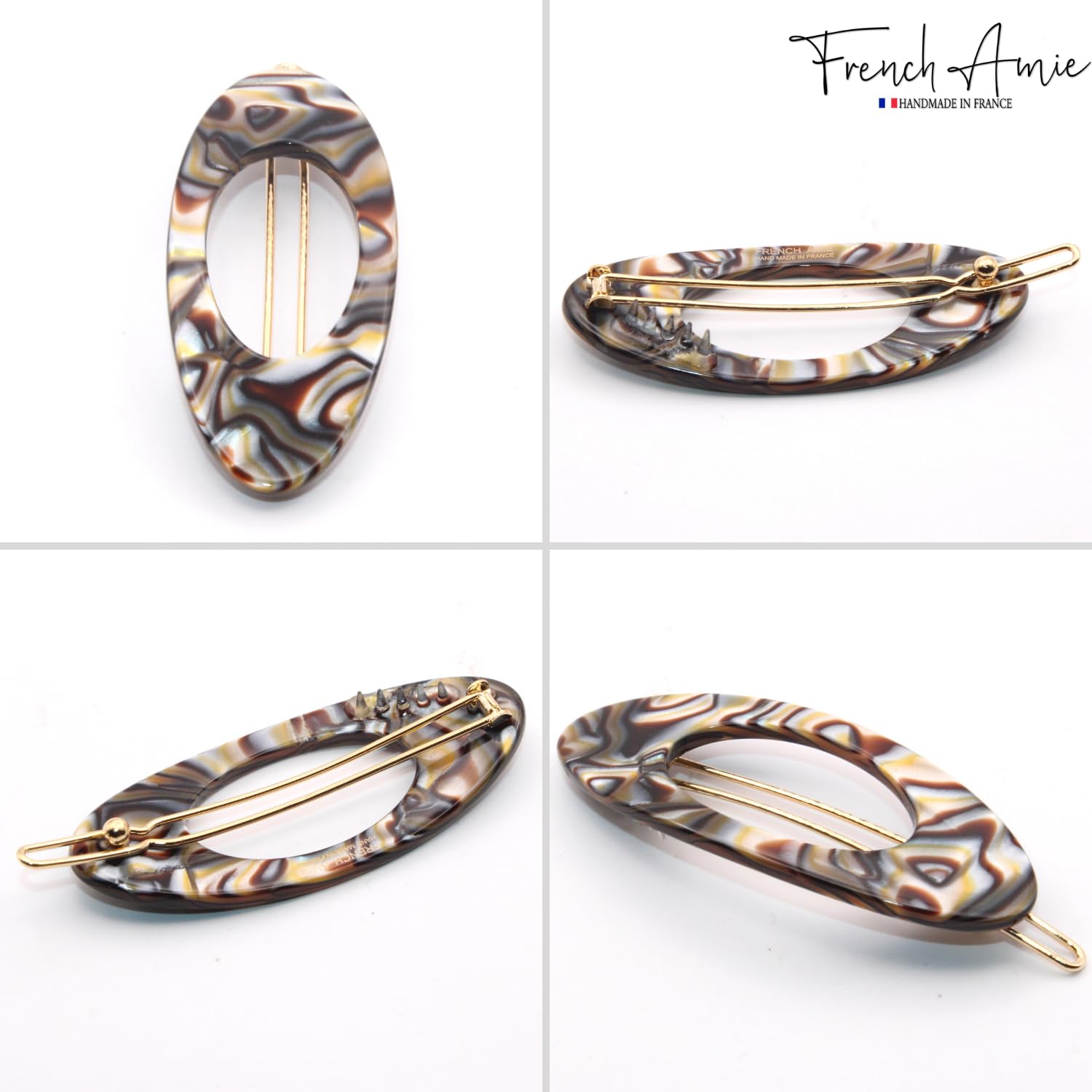 French Amie Oval Small 2 1/4” Celluloid Acetate Side Slide In Strong Hold Hair Clip Barrettes with Tige Boule Clasp for Girls and Women, Made in France (Silver Onyx)