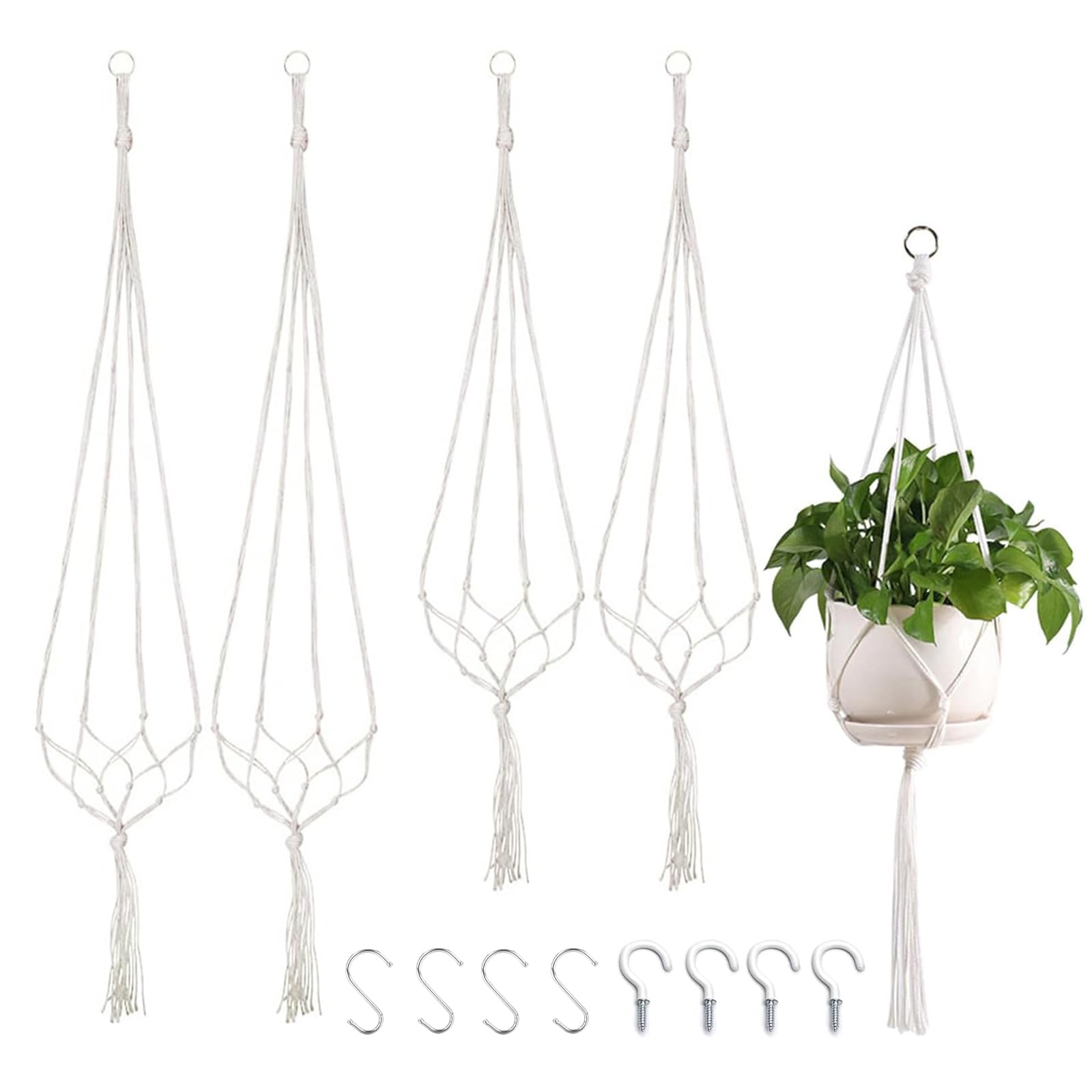 THINTON 4 Pack Macrame Plant Hanger, Indoor Hanging Plant Holder with 4 Hooks Hanging Pots for Plants Indoor Outdoor Home Garden Balcony Ceiling Decor - 100cm/80cm
