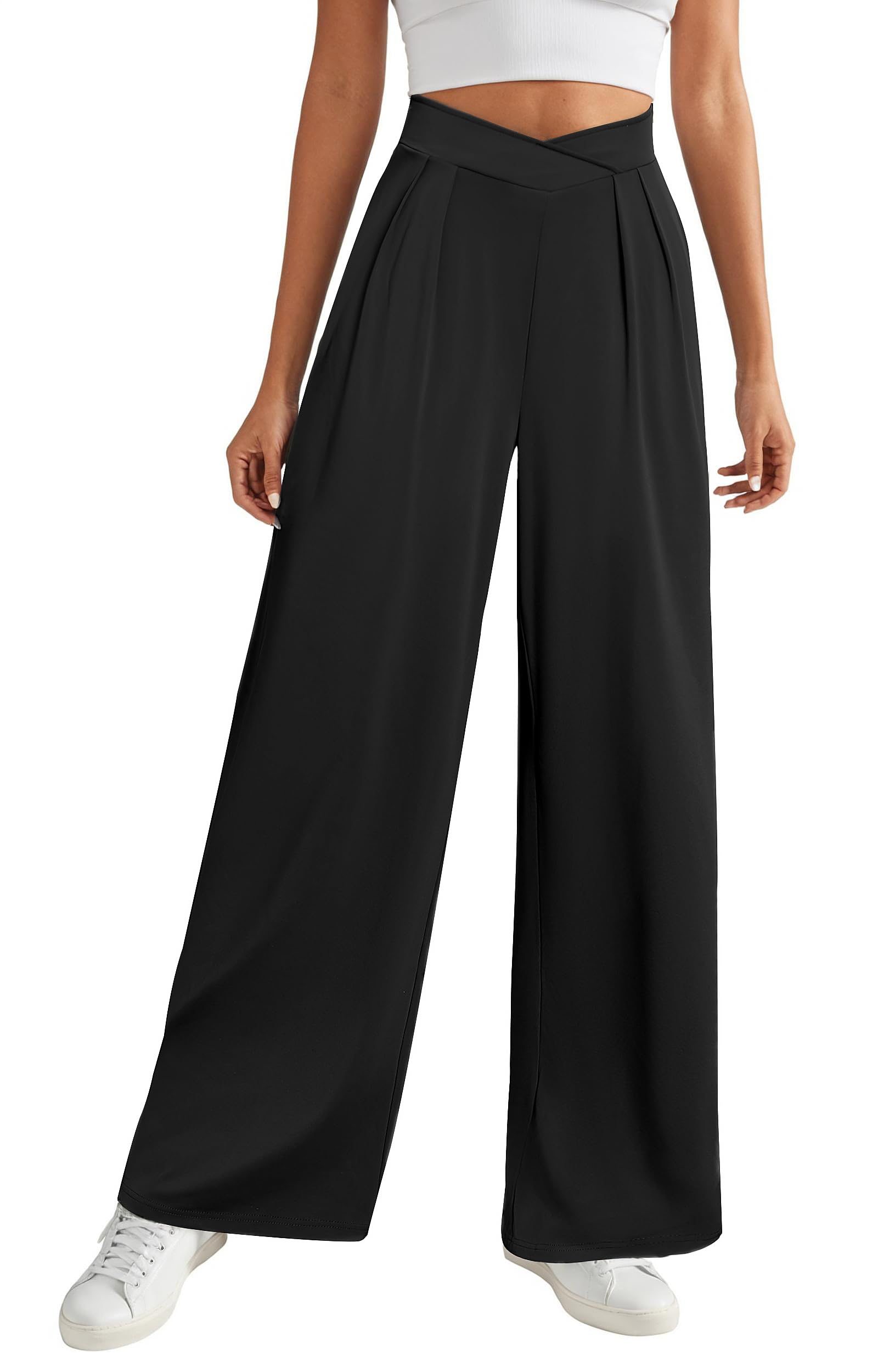 FireSwan Womens Wide Leg Work Pants Crossover Pleated Front Casual Slacks Flowy Palazzo Trousers with Pockets