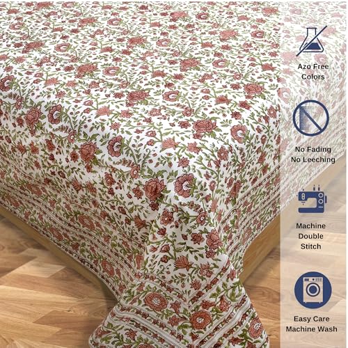Image of TOAI Hand Block Printed Bedsheet | Bed Spread Flatsheet Bed Sheet | Pure Cotton | Double Bed King Size 108 inchx108 inch | 300 TC Long Staple Cotton | 2 Reversible Pillow Covers |Rust Floral Spread