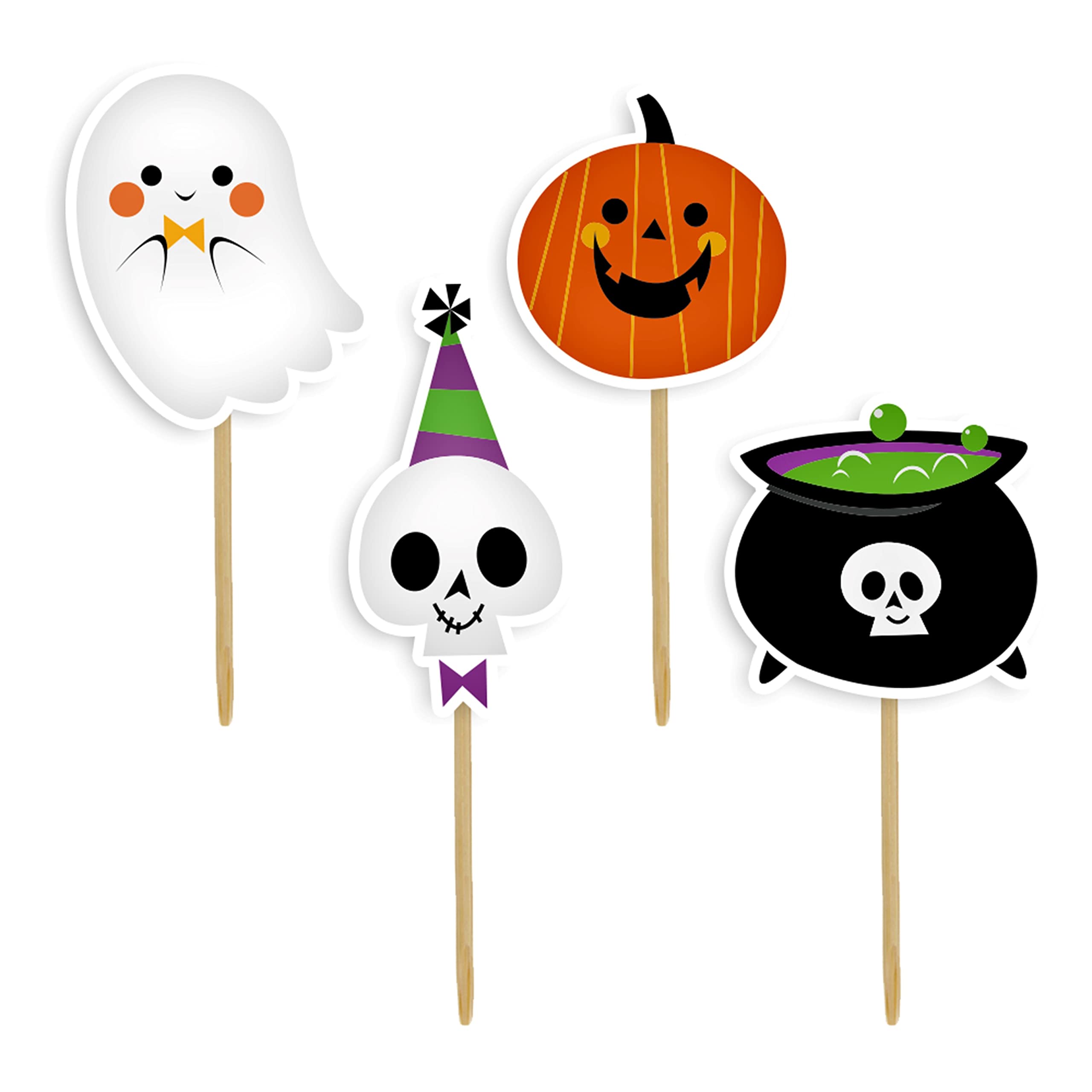 Anniversary House Multi-Colour 12 Pcs Halloween Cupcake Toppers - Ghost, Pumpkin, Skull & Cauldron Designs - Double-Sided Glitter, Bamboo Pick Cake Decorations For Spooky Party - Trick-Or-Treat & Themed Events