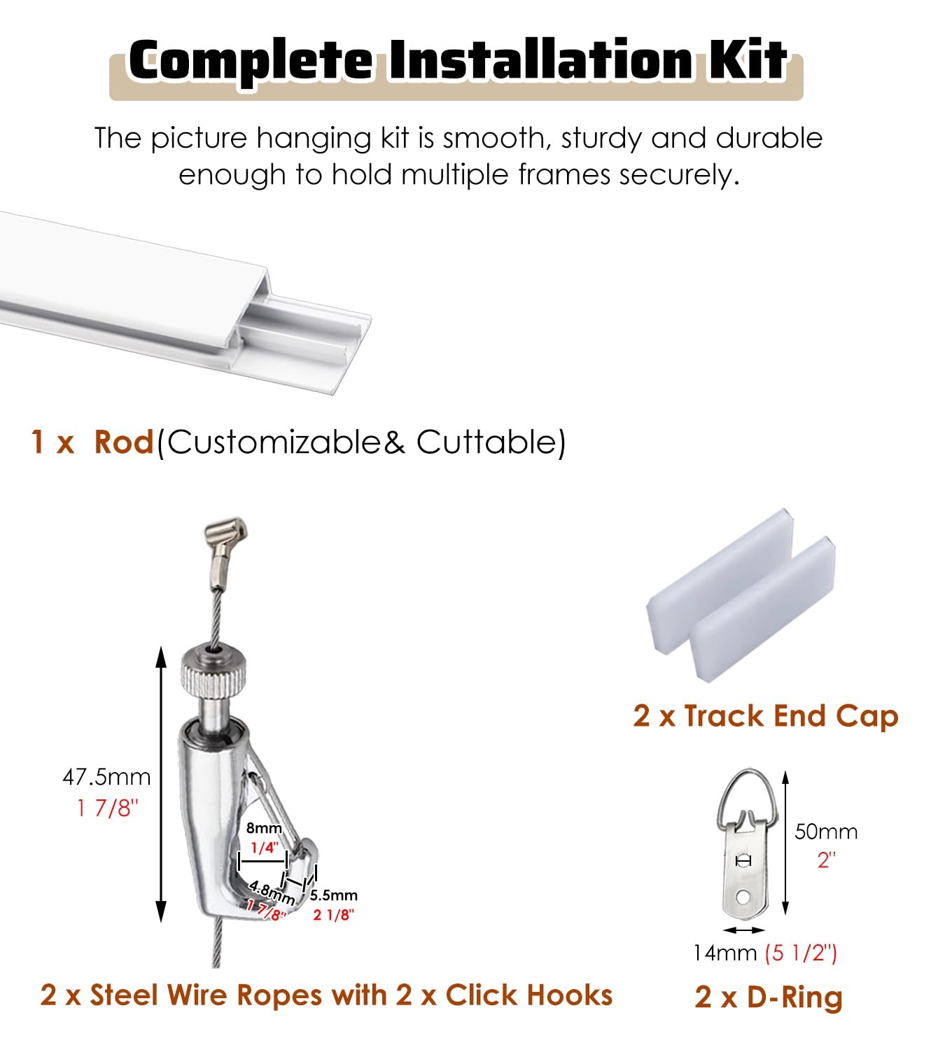 Cimaise pour Tableau Kit de Suspension Lourd pour Tableaux avec Anneaux D, Vis et Fil d'Acier, Système Rail Réglable d'Affichage pour Photos Famille, Max 66 Livres(1 m/3.3' cable,1.1 m/3.6' track)