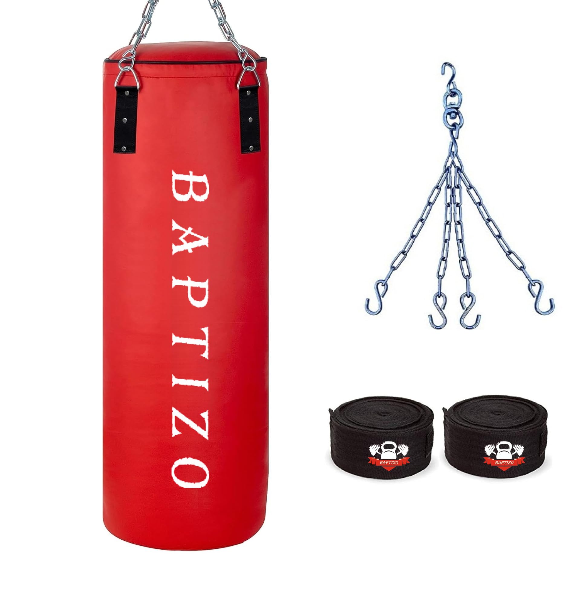 Baptizo Heavy Duty Punching Bag Set with Hand Wraps and Mounting Chain, Black (Red, 2 feet)-picture-10