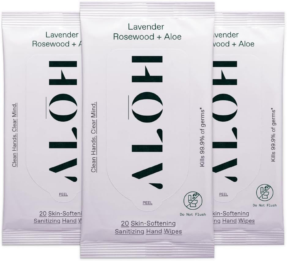 ALH Lavender Rosewood + Aloe Sanitizing Hand Wipes - Clean Hands, Clear Minds - On The Go Sanitizing Wipes for Kids and Adults - Travel Size 3 Pack, 20ct