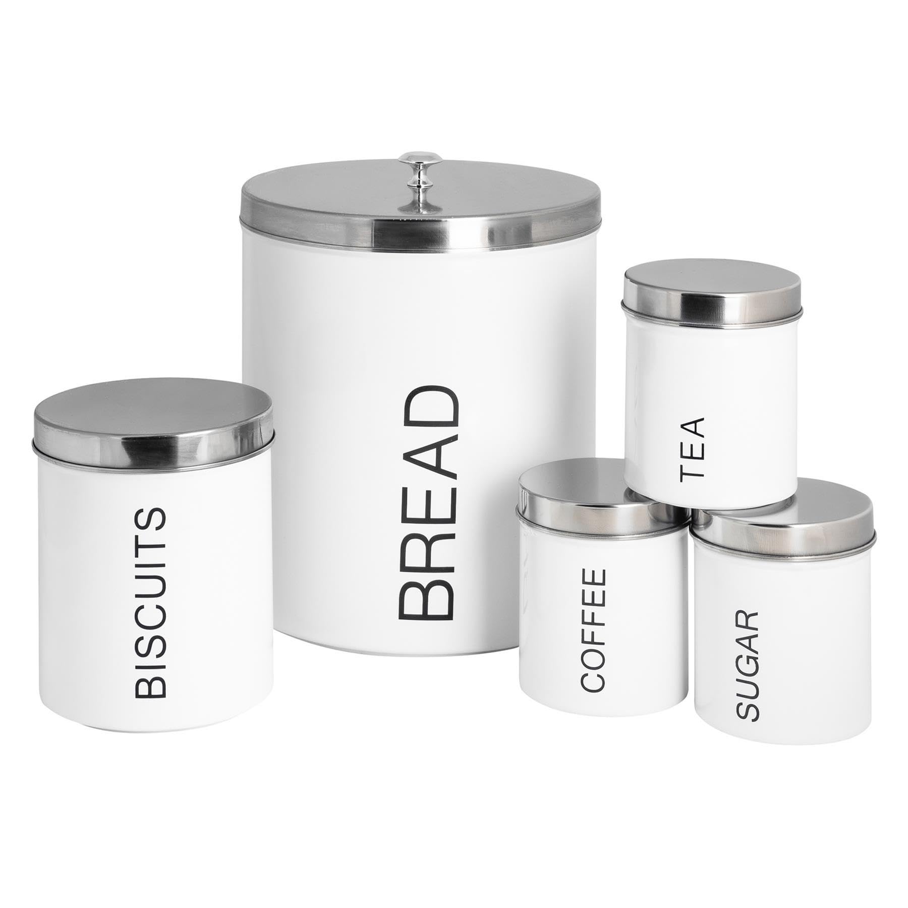 Harbour Housewares Metal Kitchen Canister Set - White - 5pc Round Retro Food Storage Preservation Canister Caddy Container Bread Bin with Airtight Fit Lid for Kitchen Organisation & Home Décor