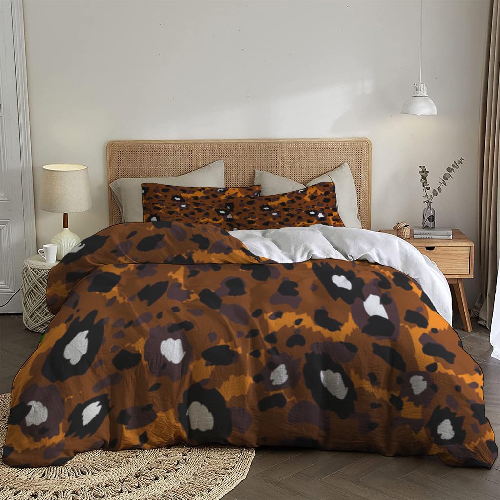 NIBAINLO 布団カバー抽象的でモダンな茶色と黒のヒョウ柄 肌に優しい ピーチスキン加工 掛け布団カバー 和式 洋式 あったか 布団カバーセット リバーシブル ホームステイ ホテル 家庭兼用