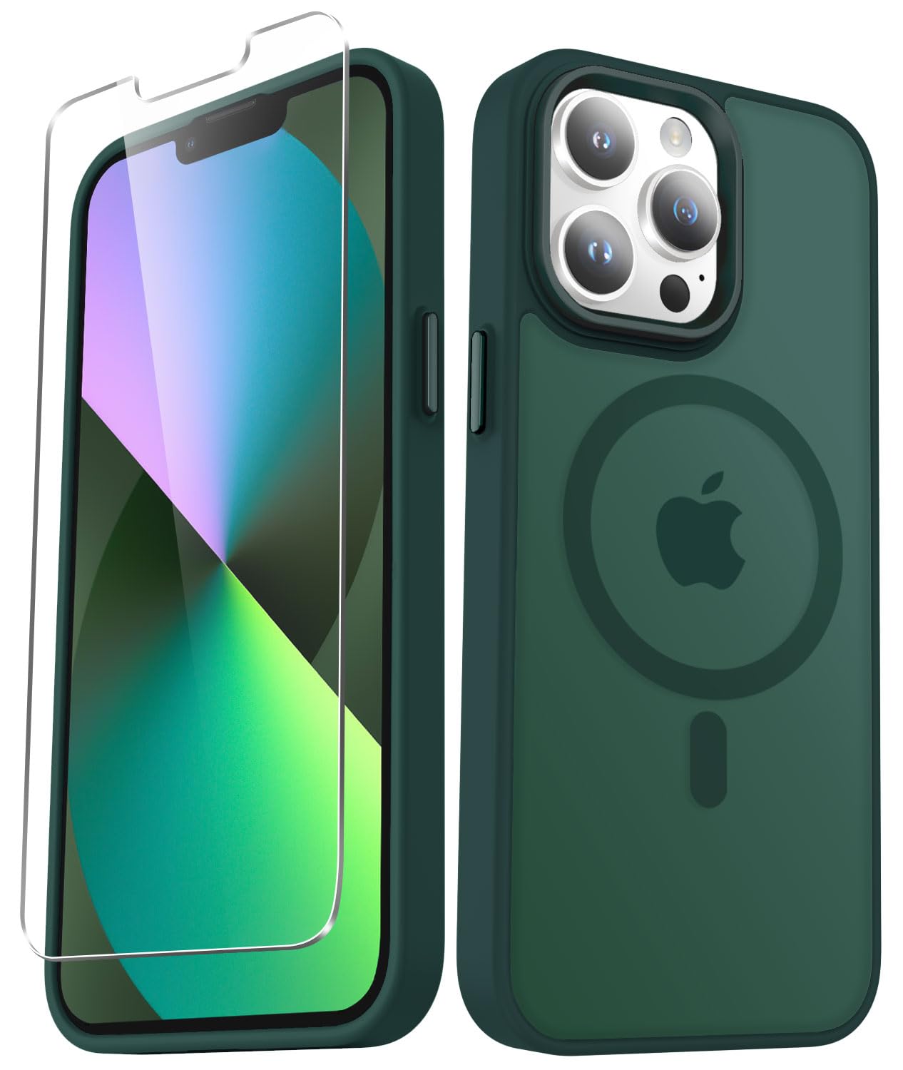 for iPhone 13 Pro Max Case, Matte Magnetic Phone Case with 1 Screen Protector, Support for Magsafe, Translucent Frosted Slim Shockproof Protective Cover for iPhone 13 Pro Max 6.7 inch, Dark Green