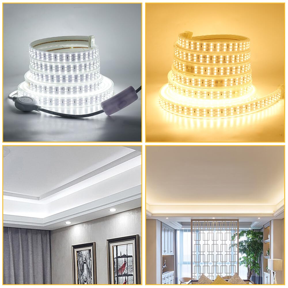 Tira LED 220V con Encendido/Apagado [15M, Blanco cálido 3000-3500K], IP65 Impermeable Flexible, 276 LEDs/m Tira LED Cortable CRI85+, Decoración para Hogar/Tienda