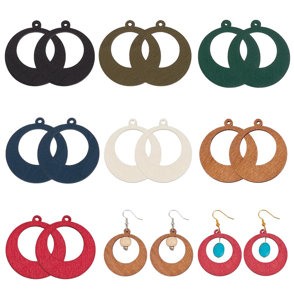 PH PandaHall 70pcs 7 Colors Natural Wood Pendant Charms Flat Round Wood Earring Charms Circle Linking Rings Pendant Dyed Wooden Slices for Earring