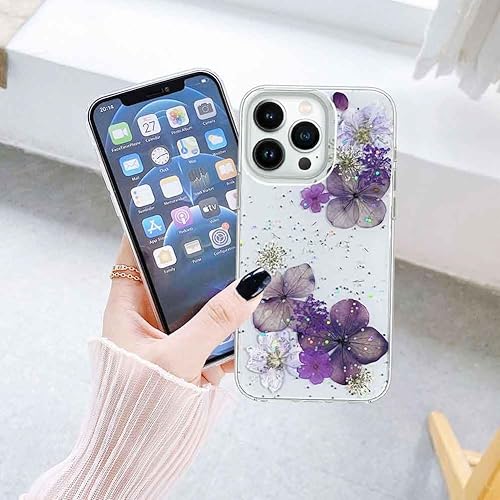 Miniatura 3 de Abbery Funda diseñada para iPhone 13 Pro Max con diseño de flores prensadas, bonita funda de silicona suave de poliuretano termoplástico seca con
