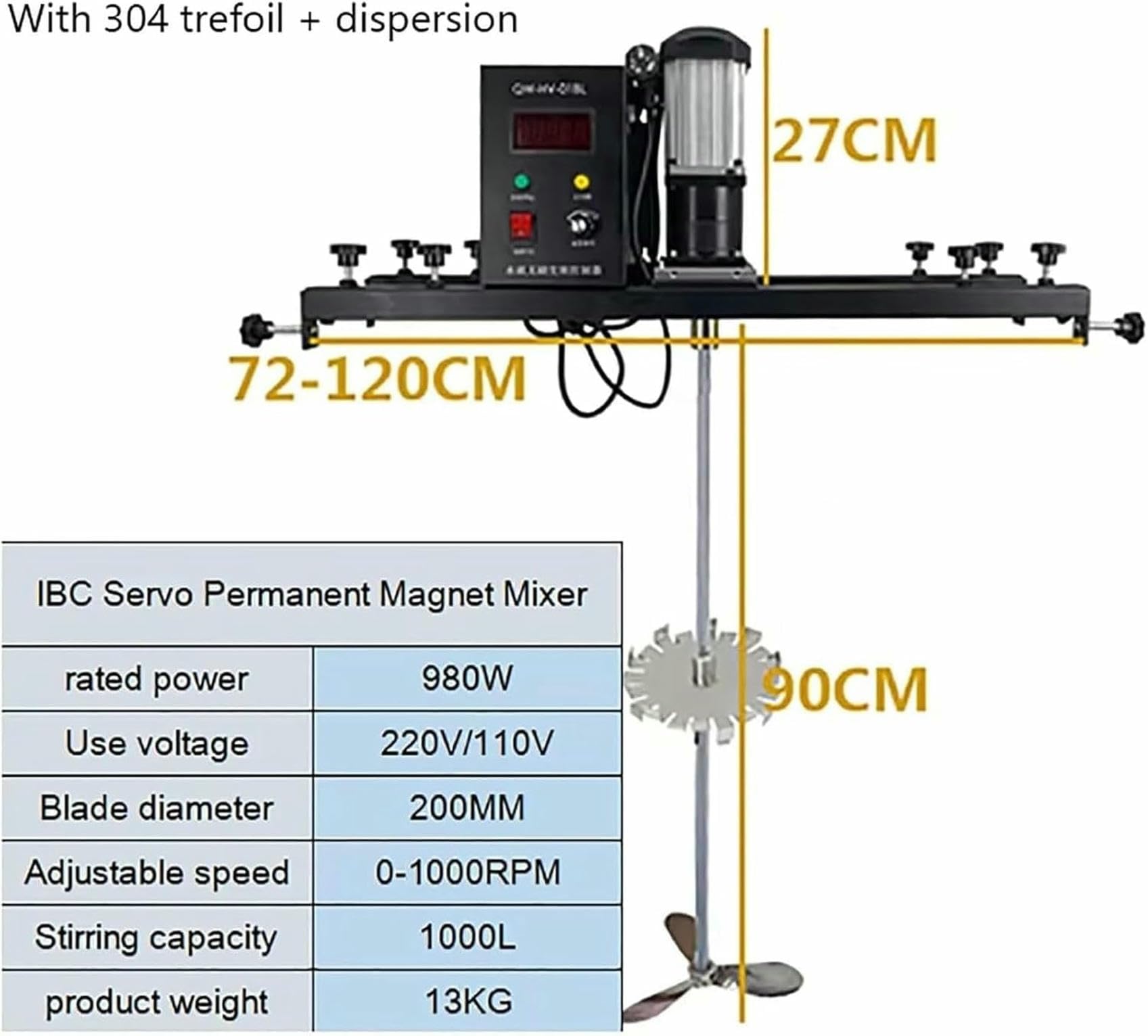Agitador eléctrico para IBC de 1000 L, mezclador de tanque de acero inoxidable de 0 a 1000 RPM, ajustable de 720 a 1200 mm, con servomotor de imán permanente, para pintura, revestimiento, cemento