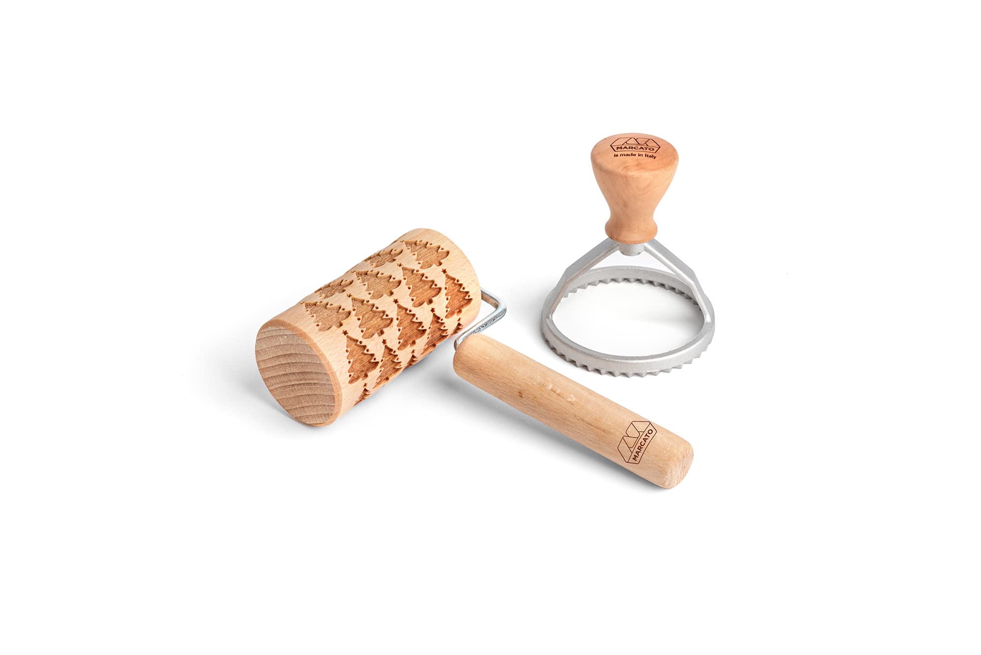 Marcato Christmas Cookies Baking Kit, Decorative Rolling Pin + Round Cookie Cutter + Christmas Cookie Recipe Book, 4 Packs