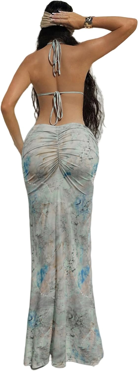 Women's Sexy Pearl Chain Halter Maxi Dress Printed Backless Hollow Out Pleated Bodycon Dresses for Party Vacation - Image 4