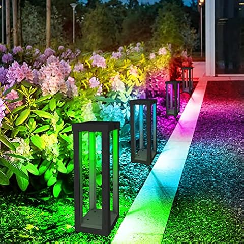 CREPOW Solar Patio Floor Lamp Outdoor, 4 Pack RGB Color Changing Landscape Path Lights Garden Decorations Waterproof 12H Endurance Cordless Landscaping for Porch Lawn Yard Backyard (Black) Cover