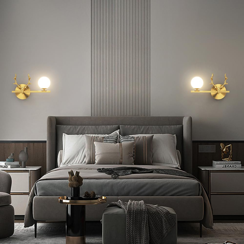 Lámpara de Pared de Cobre con Forma de Cuerno, lámpara de Tubo Largo de latón con Pantalla de Bola de Cristal Blanco, luminaria G4, Aplique Lineal de mesita de Noche, lámparas de d