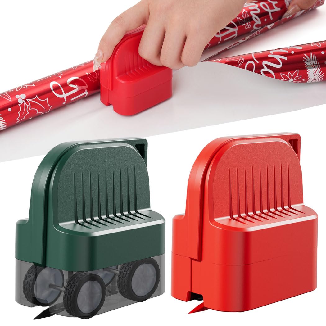 2Pcs Wrapping Paper Cutter, Gift Wrap Cutter with 2 Replaceable Blade 4 Wheels Compact Christmas Gift Wrapping Paper Roll Cutter Tool Green,Red