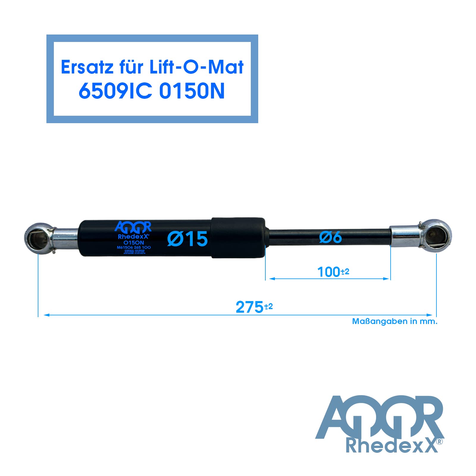 Vérin à Gaz Ressort 275mm/100mm/150N - Pièce Rechange Pour Lift-O-Mat 6509IC - Avec Rotule M6, Course 100mm, Force 150 Newtons - 4
