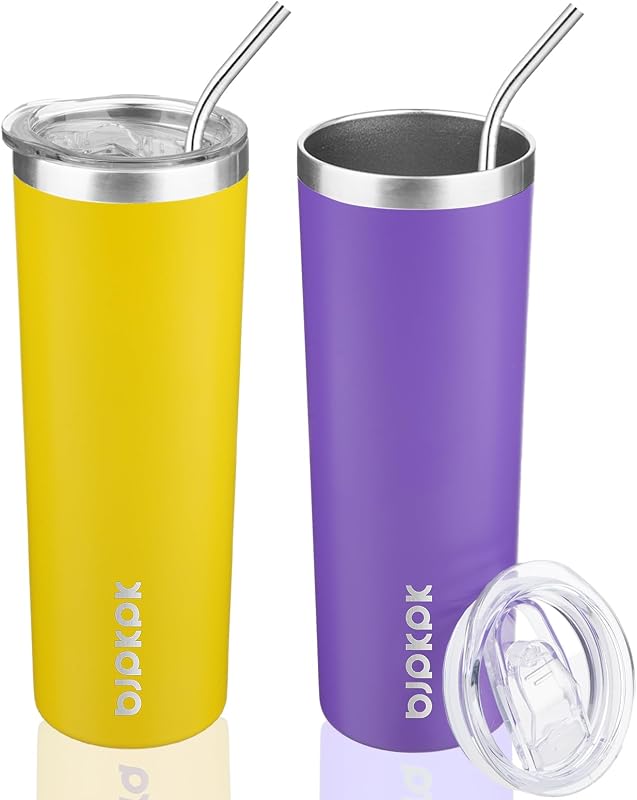 BJPKPK 20 oz 2 Pack Skinny Tumbler with Lid, Stainless Steel Coffee Tumbler | Insulated Double Wall Vacuum, Keeps Hot/Cold, Thermal Cup, Slim Body Fits Holder, Travel Friendly, Purple/Goldenrod