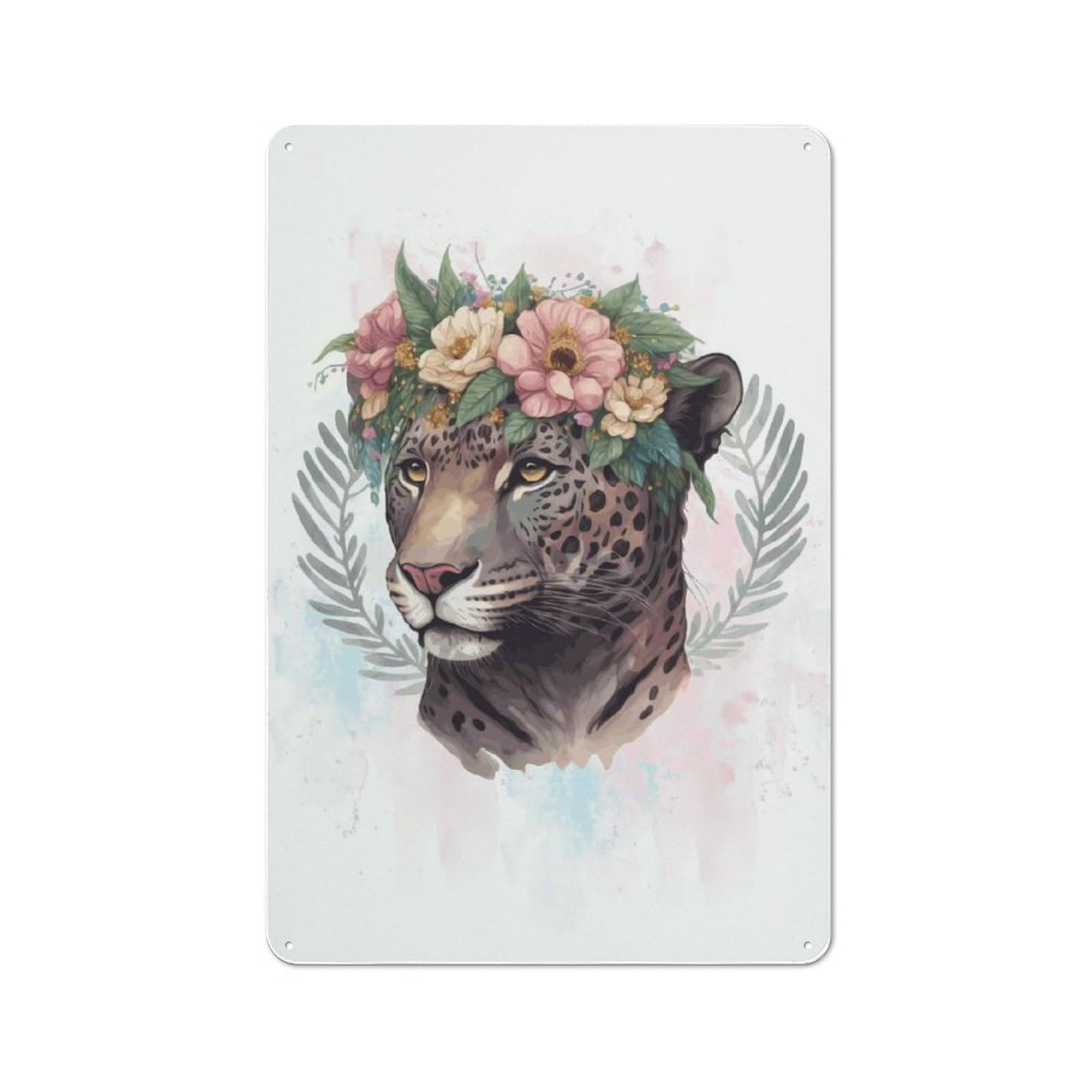 Junmoney Style-9 Flower Jaguar Painting Rustic Tin Sign 30X20cm, Vintage Porch Wall Decor For Conservatory, Home Bar Or Utility Room