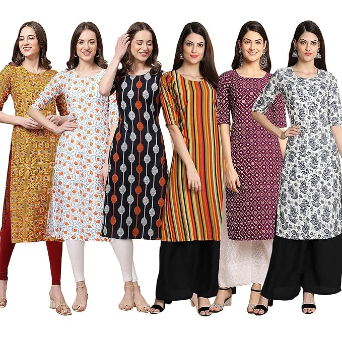 Pinkmint Women's Crepe Digital Print Straight Kurta [Pack Of 6] (Bd-333-334-330-356-355-357-L)