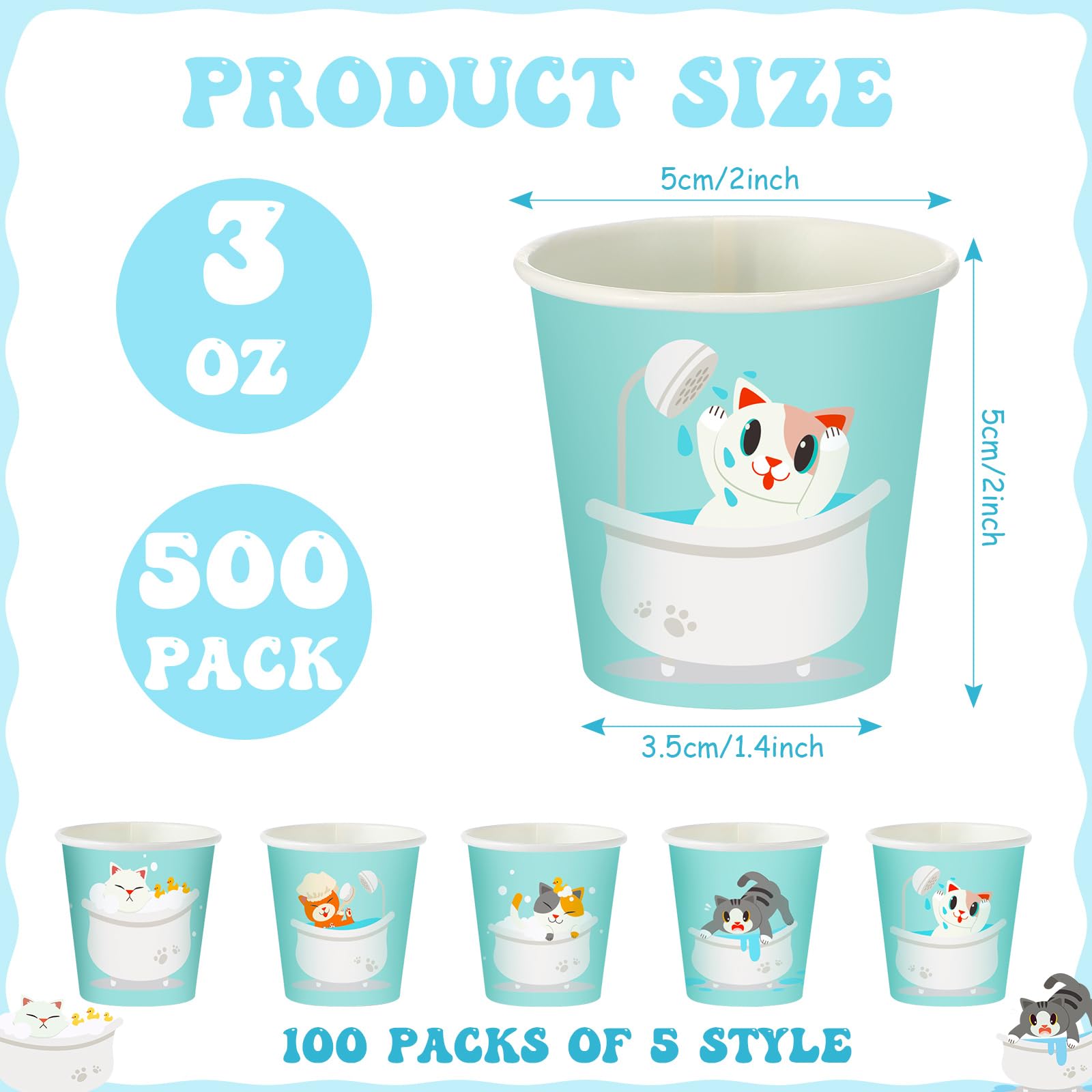 Paquete de 500 vasos de papel desechables de 3 onzas, vasos de baño pequeños, vasos de enjuague bucal para niños, vasos de bebidas de animales para el hogar, oficina, viajes, fiestas (gato de baño)