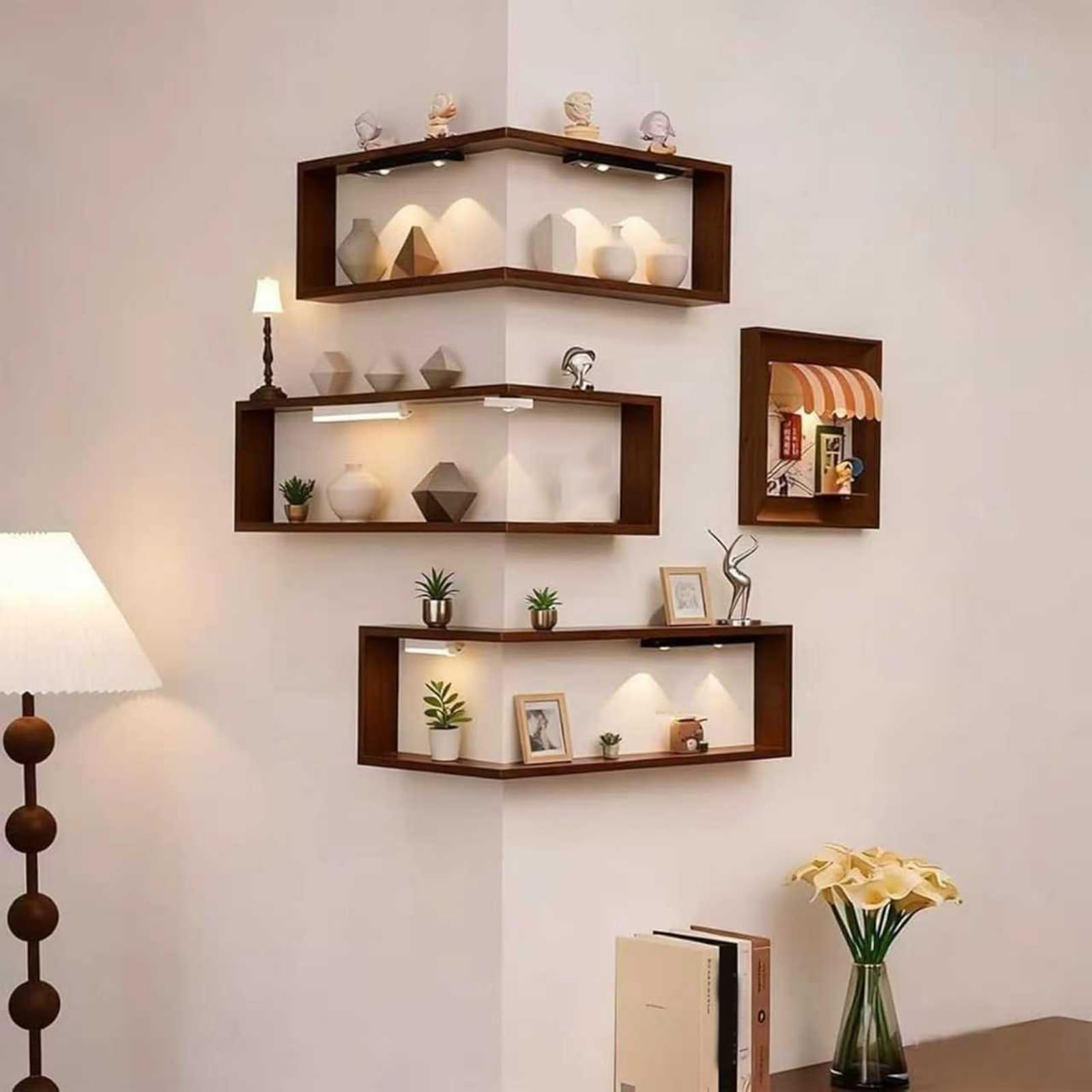Illumina il tuo spazio con eleganti mensole angolari in legno, espositore sospeso da parete per ornamenti e conservazione (set di 3) - Perfetto per l'arredamento della casa