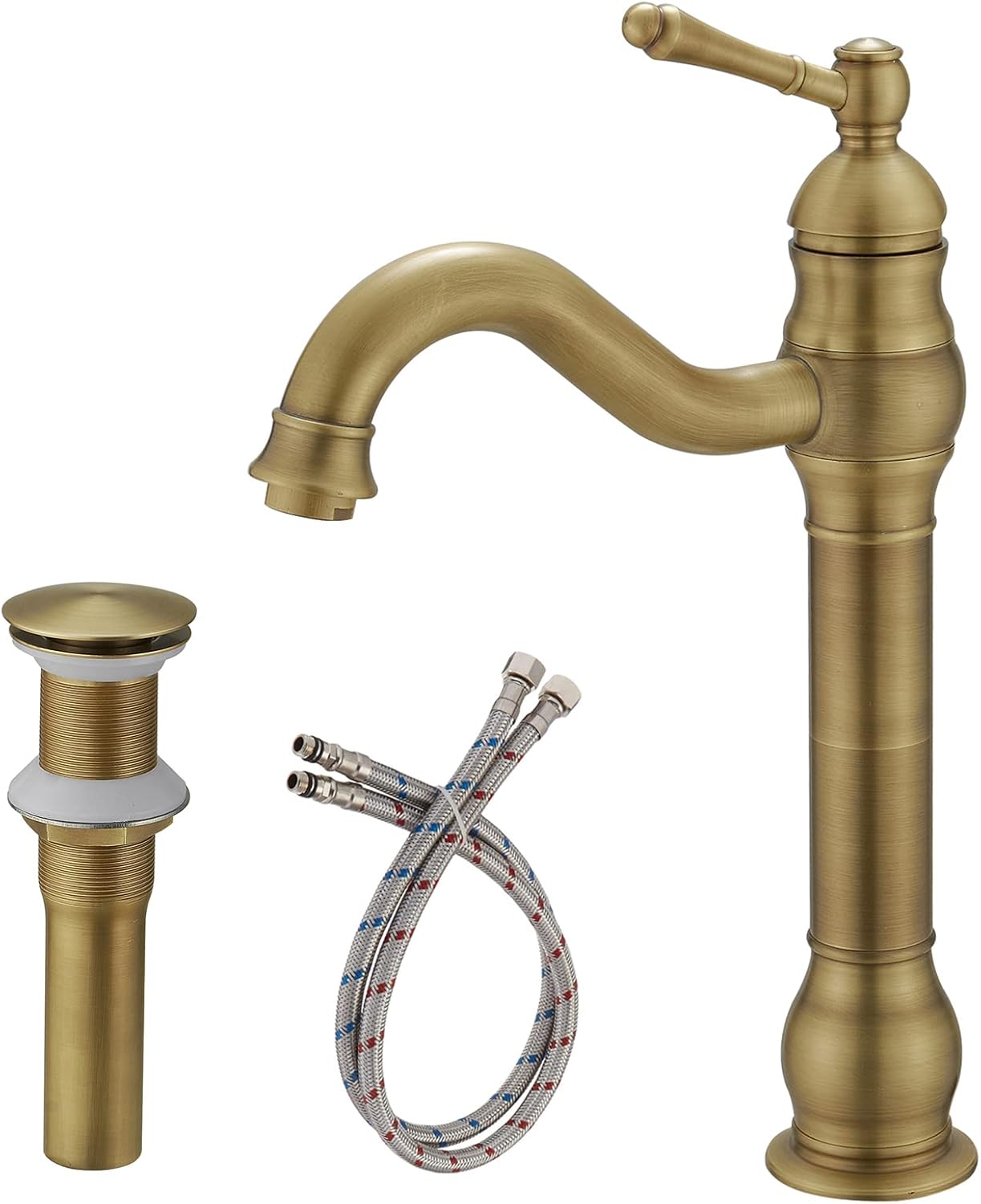 Antique Brass Vessel Sink Faucet 360° Swivel for Bathroom Bowl Sink Single Hole Farmhouse Tall Commercial Vanity with Pop Up Drain Without Overflow Combo