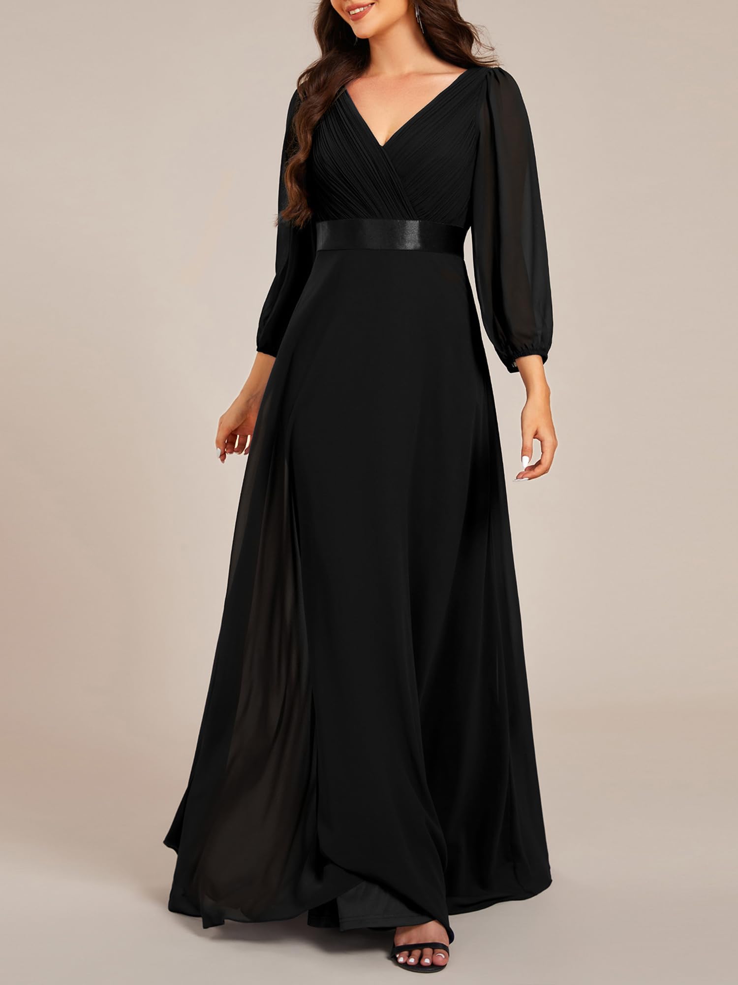 Ever-Pretty Abendkleider Elegantes Damen Für Hochzeit Lang Langarm Brautjungfernkleid Chiffon V-Ausschnitt Ballkleider EE03890