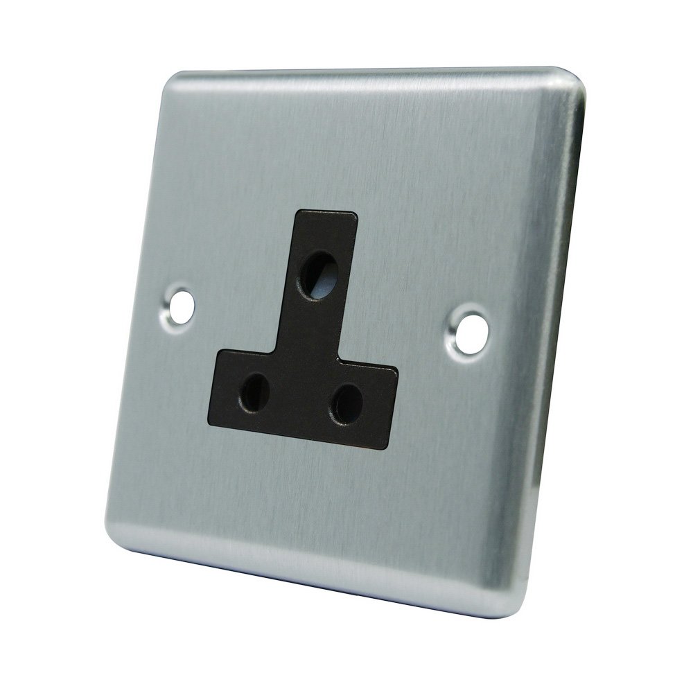 AET CSC5ASOCBL Satin Chrome Classical Black Insert-5 Amp 1 Gang Round Pin Unswitched Plug Socket, 240 V