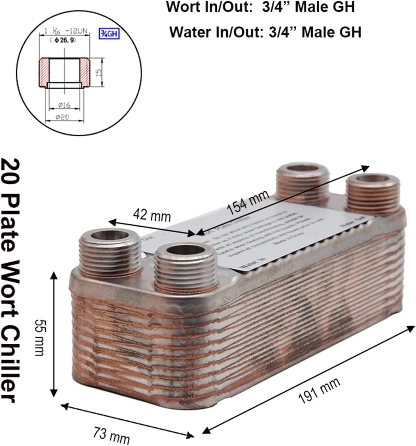 Homebrew Beer Wort Plate Chiller - 20/30 Plate Heat Exchanger for Efficient Cooling(1pcs)(20 Plate A)