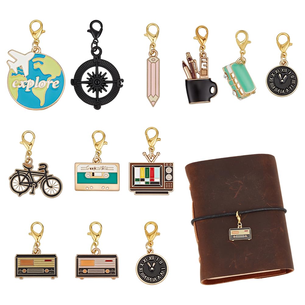 BENECREAT 12 Styles Traveler's Notebook Vintage Charms, DIY Notebook Charms Keychain Pendants with Lobster Clasps, Alloy Enamel Pendants for Journals DIY Keychain Accessories