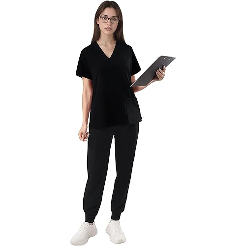 SUNME Women's Scrub Top with Classic V-Neck & Yoga Jogger Pants Medical Nursing Uniform Set