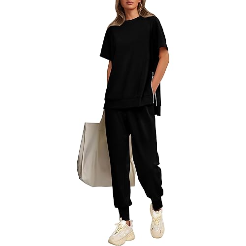 PRETTYGARDEN Women's Summer 2 Piece Outfit Tracksuits Casual Short Sleeve Tops High Waisted Sweatpants Set