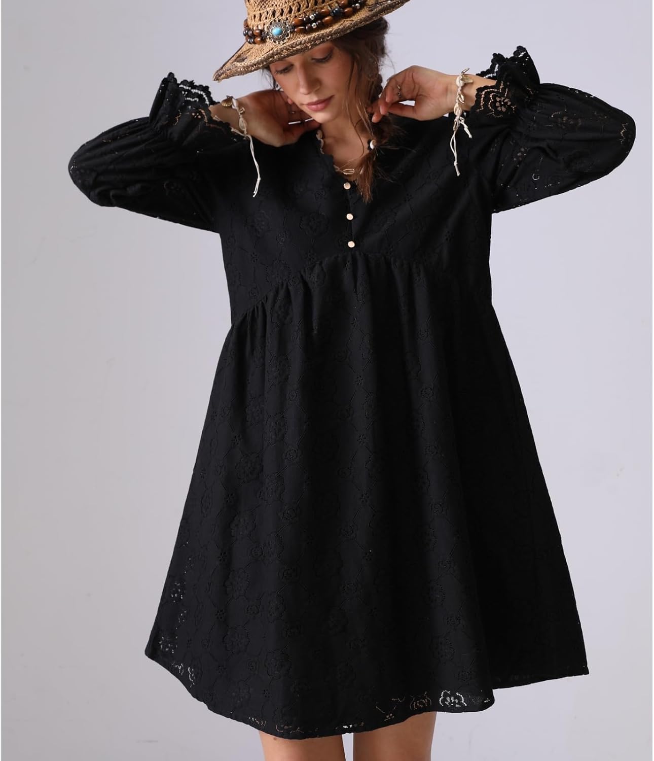 2025 Women Summer Short Dress V Neck Long Sleeve Floral Eyelet Lace Swing A Line Beach Vacation Sun Dress - Image 2