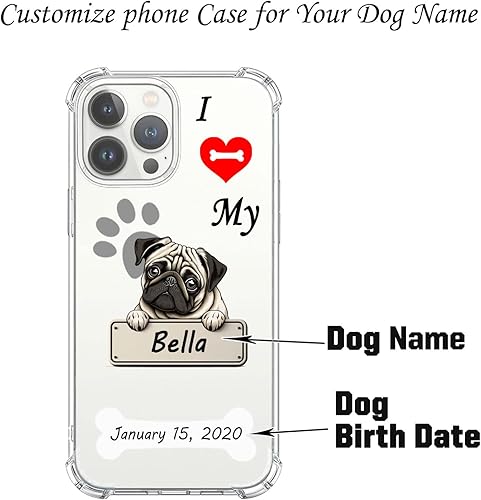 Miniatura 2 de Funda transparente personalizada con nombre de perro Pug Dog para iPhone 15 14 Pro Max 13 12 11 Xs Max Xr SE3 8 7 6 Plus 11 Pro Mini, con 4 esquinas