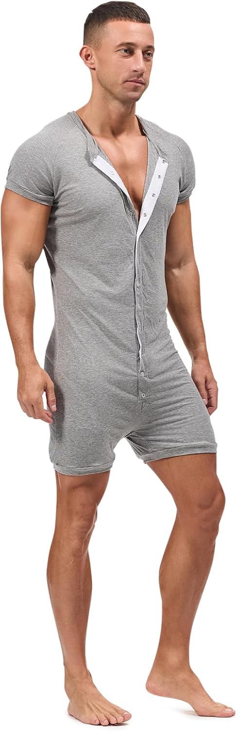 HEAVYWOOD Mens Romper Short Sleeve Onesie Jumpsuit Pajamas Henley Stretchy Silk One Piece Garment Sleepwear - Image 2