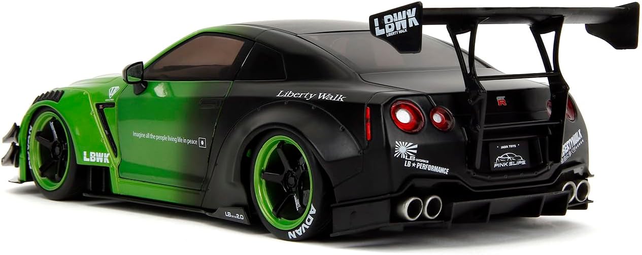 Diecast Model Car Compatible for Jada Pink Slips Nissan GT-R R35 Liberty Walk Body Kit, 1:18 Scale Diecast Model Car, Green and Black, Collector Edition