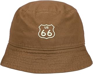 Mens Bucket Hat Route 66 Embroidered Washed Cotton Classic Bucket Hat Khaki