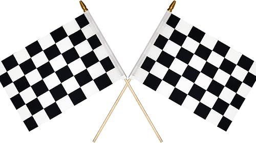 Miniatura 2 de 2 banderas a cuadros de 8 x 12 pulgadas, banderas de carreras en blanco y negro en palo, bandera de mano de Fórmula Uno F1 Racing con parte superior