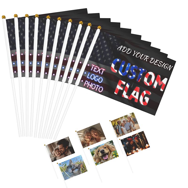 Ouqiuwa Custom Handheld Mini Flag 5.5 x 8.3 In, Personalized Photo Logo Text Design Hand Flag with Plastic Pole for Team Activities, Parades, Holiday