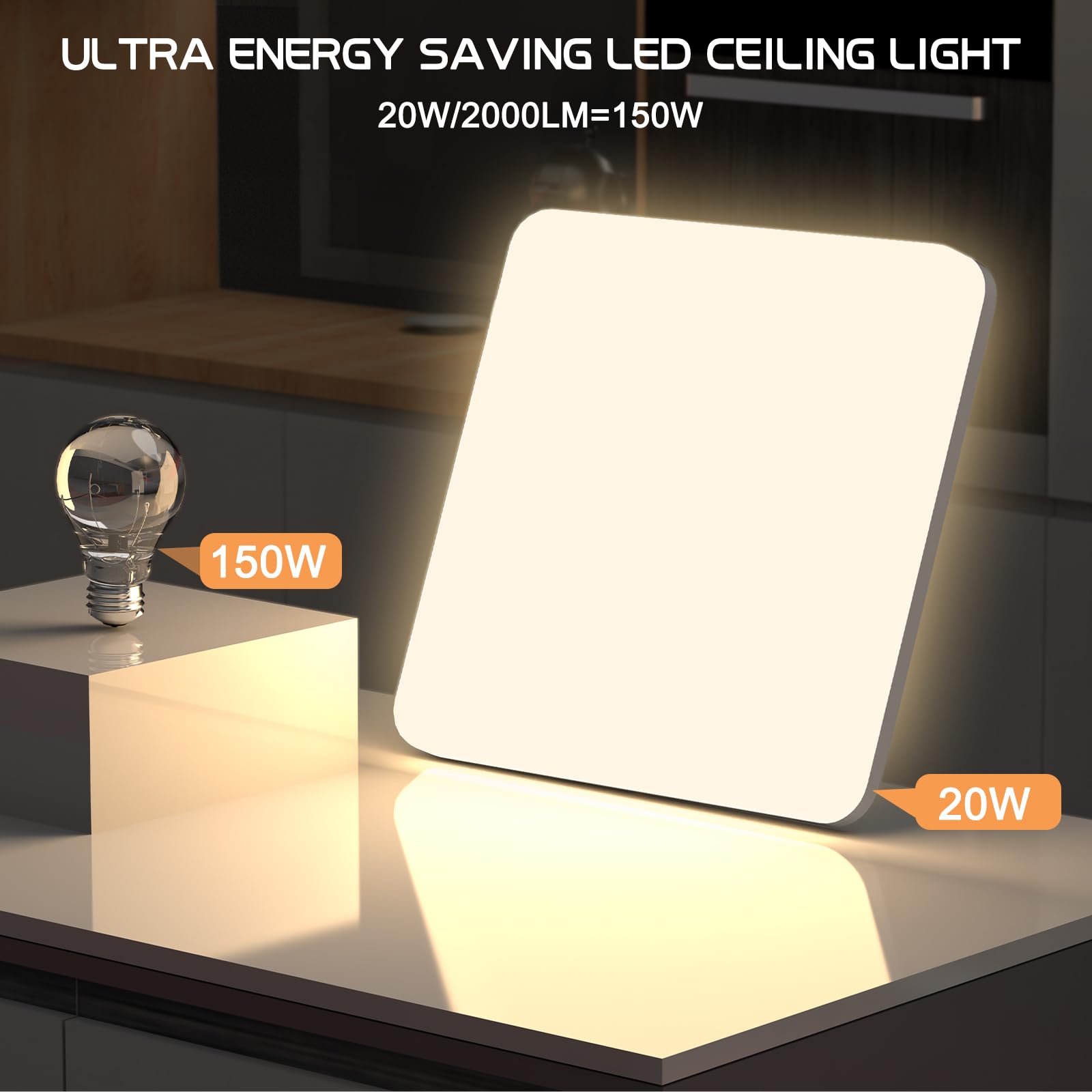 Plafoniera LED Soffitto Quadrata 20W, Lampada da Soffitto Moderno 3000K 2000LM Plafoniera Bagno IP44 Impermeabile Lampadario LED Luce Soffitto per Ufficio, Camera da Letto, Cucina, Soggiorno, Balcone