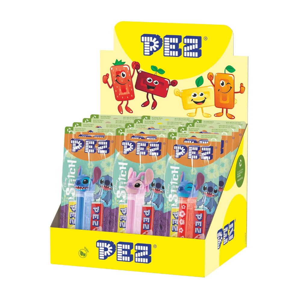 PEZ Lilo & Stitch Character Sweet Dispensers, Strawberry & Lemon Flavoured, 2 x 8.5 g Refills (Pack of 12)