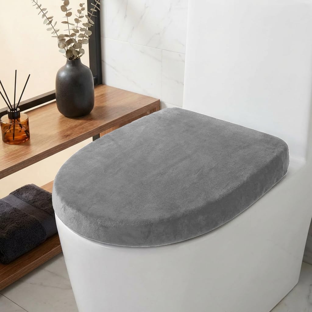2PCS Soft Chenille Toilet Lid Cover, Microfiber Velvet Toilet Seat Lid Cover, Absorbent & Cozy, Machine Washable, Non-Slip Fit, Durable Bathroom Toilet Cover Fits Most Toilet Lids (Black and Grey Set)