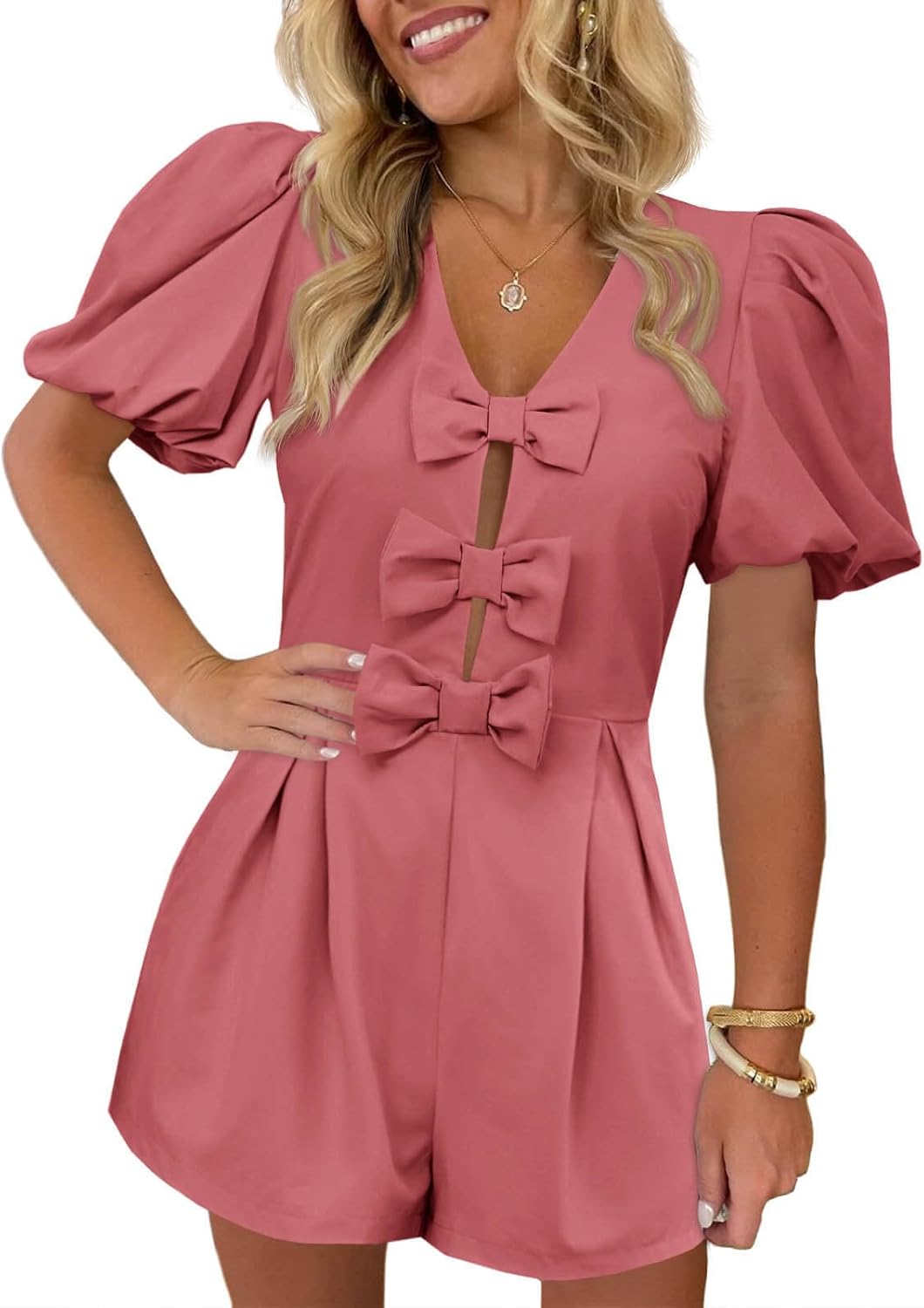 Cicy Bell Womens Cute Rompers Bow Front Puff Sleeve V Neck Short Jumpsuits Sexy Summer Outfits with Pockets