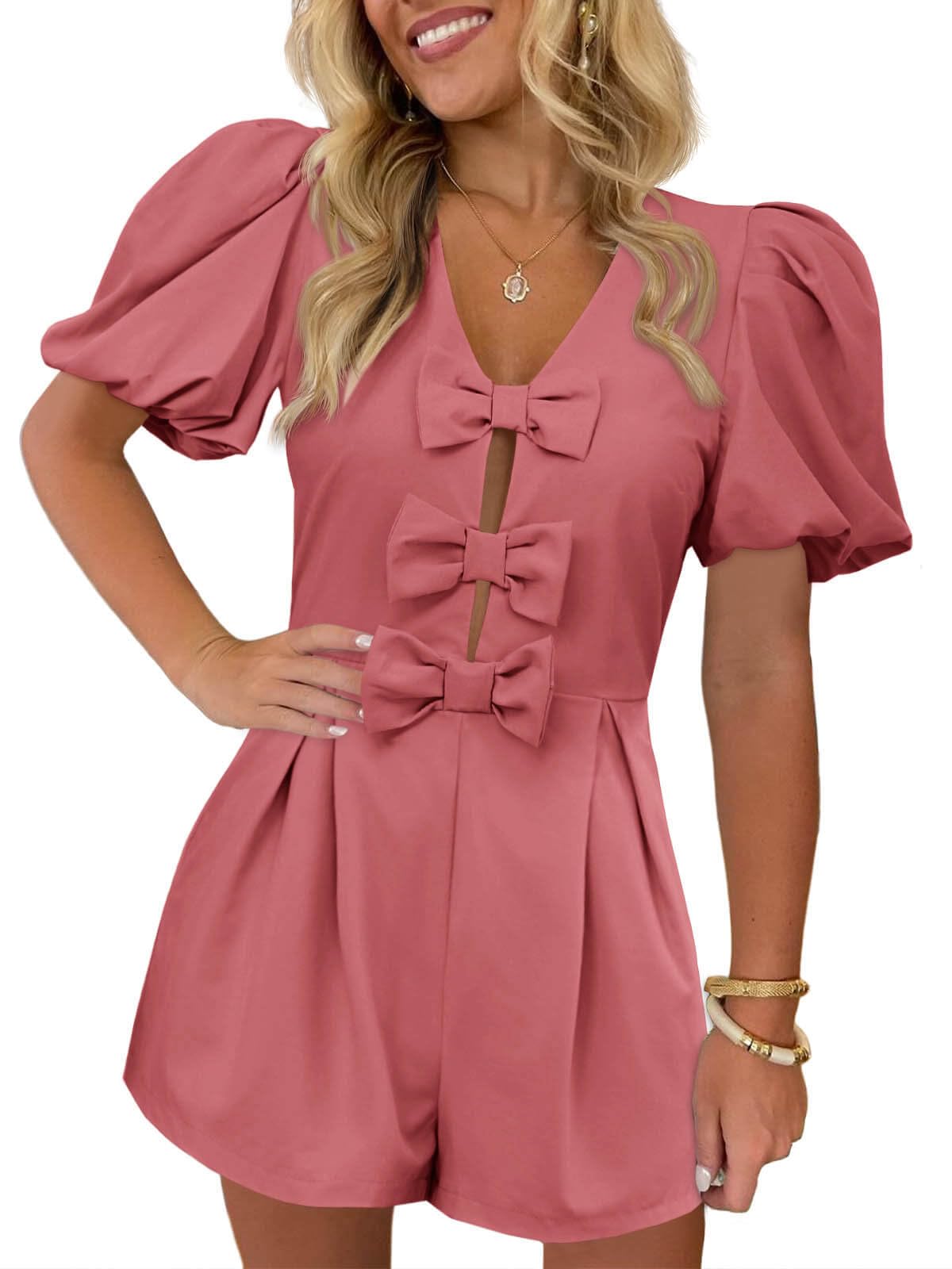 Cicy Bell Womens Cute Rompers Bow Front Puff Sleeve V Neck Short Jumpsuits Sexy Summer Outfits with Pockets