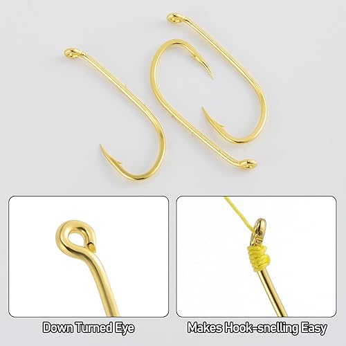 Miniatura 3 de Dr.Fish Paquete de 100 ganchos para cebo, ganchos de pesca de agua dulce dorados, compensados, para aparejos de lucioperca, arnés de oruga,