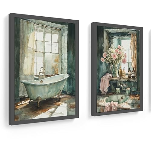 Kit 2 quadros banheiro, lavabo, toalete, vintage Mint Green (Preto)