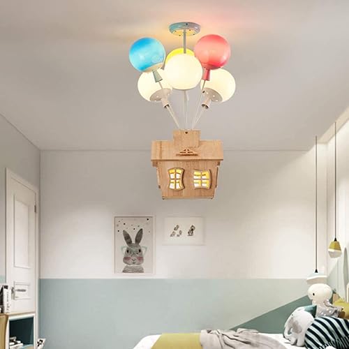 Miniatura 5 de NERDOH Lámpara de techo LED para niños, lámpara de techo creativa de dibujos animados con globos, diseño de casa de madera, lámpara de techo para